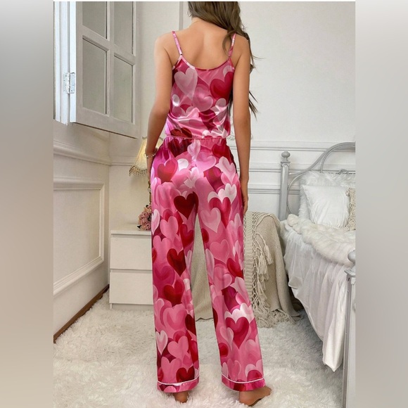 Heart Printed Satin Cami & Pants Pajama Set Pink - Picture 2 of 6